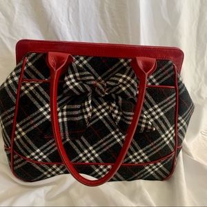 Ness brand tweed purse, black and white plaid with bow and red leather trim